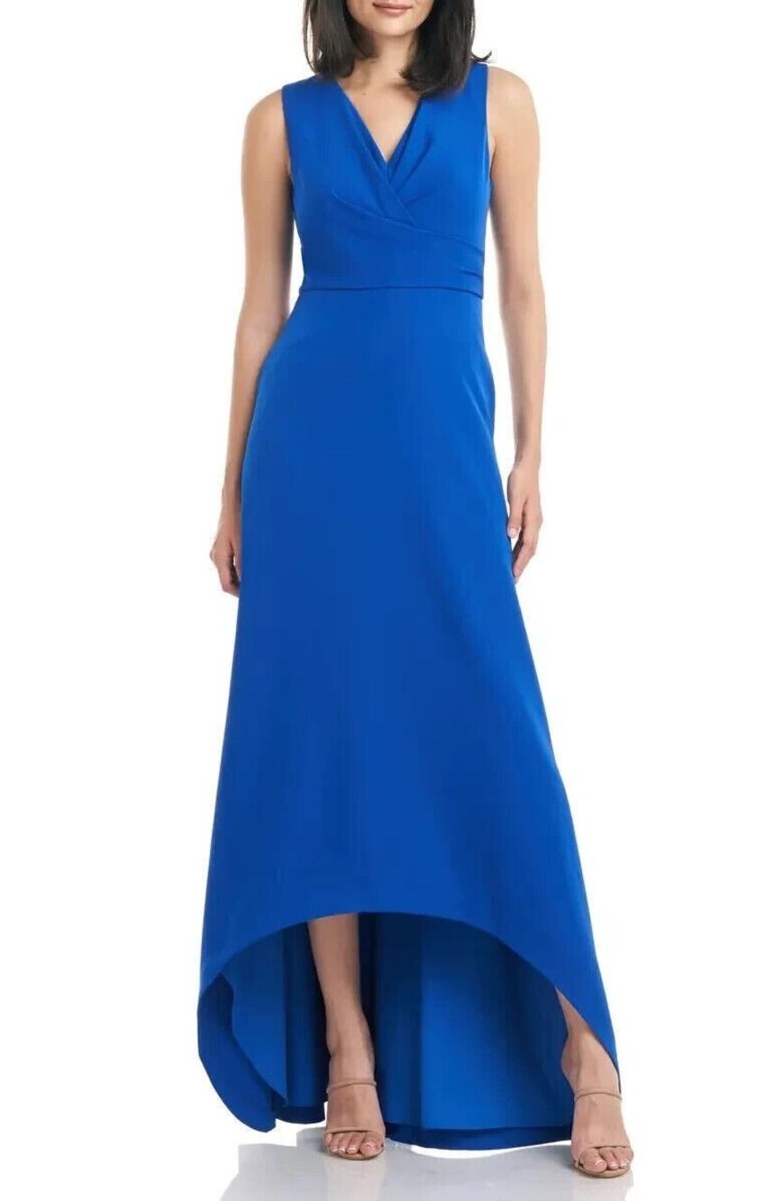 Kay Unger Melinda Sapphire Blue Sleeveless V-Neck Hi-Low Long Cocktail Gown 10